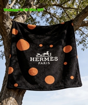Hermès Black & Orange Polka Dot Flannel Fleece Throw Blanket IMG_4981